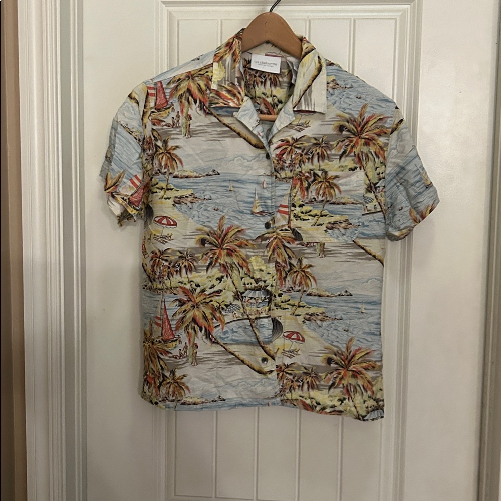 Y2K Liz Claiborne M Palm and Sailboat Print Shirt